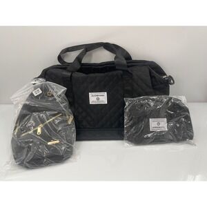 Zuomanni 3pc Black Quilted Travel Set Duffel Bag Shoe Compartment Sling & Pouch